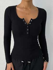 DAZY Women's Minimalist Button Half-Placket Long Sleeve T-Shirt For Daily Wear Fall - Black - View 8