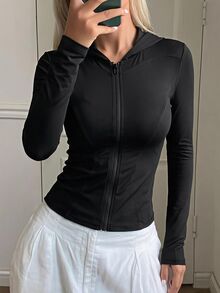 DAZY 女款連帽長袖修身底層休閒防曬薄外套 秋季 - 黑色 - 查看 4
