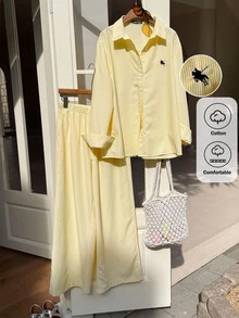 Comfortcana 女款馬術刺繡單排扣襯衫與條紋口袋長褲兩件套 - 黃色 - 查看 1