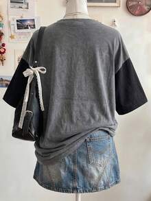 Lalippa Kaos Wanita Ukuran Besar Panjang Sedang Leher Bulat Bahu Jatuh dengan Cetakan Digital Pentagram dan Bordir Aplikasi, Gaya Minimalis Modis, Hadiah untuk Teman - Dark Grey - View 2