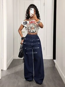 Slaydiva Celana Jeans Denim Wanita Kasual Serbaguna untuk Pemakaian Harian dengan Ujung Rumbai - Dark Wash - View 6