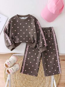 SHEIN 女嬰可愛波點愛心衛衣與鬆緊腰長褲套裝 - 棕色 - 查看 2