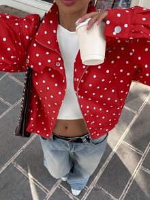 Muchica Spring/Summer Polka Dot Casual Versatile Commute Date Plus Size Jacket - Red - View 1