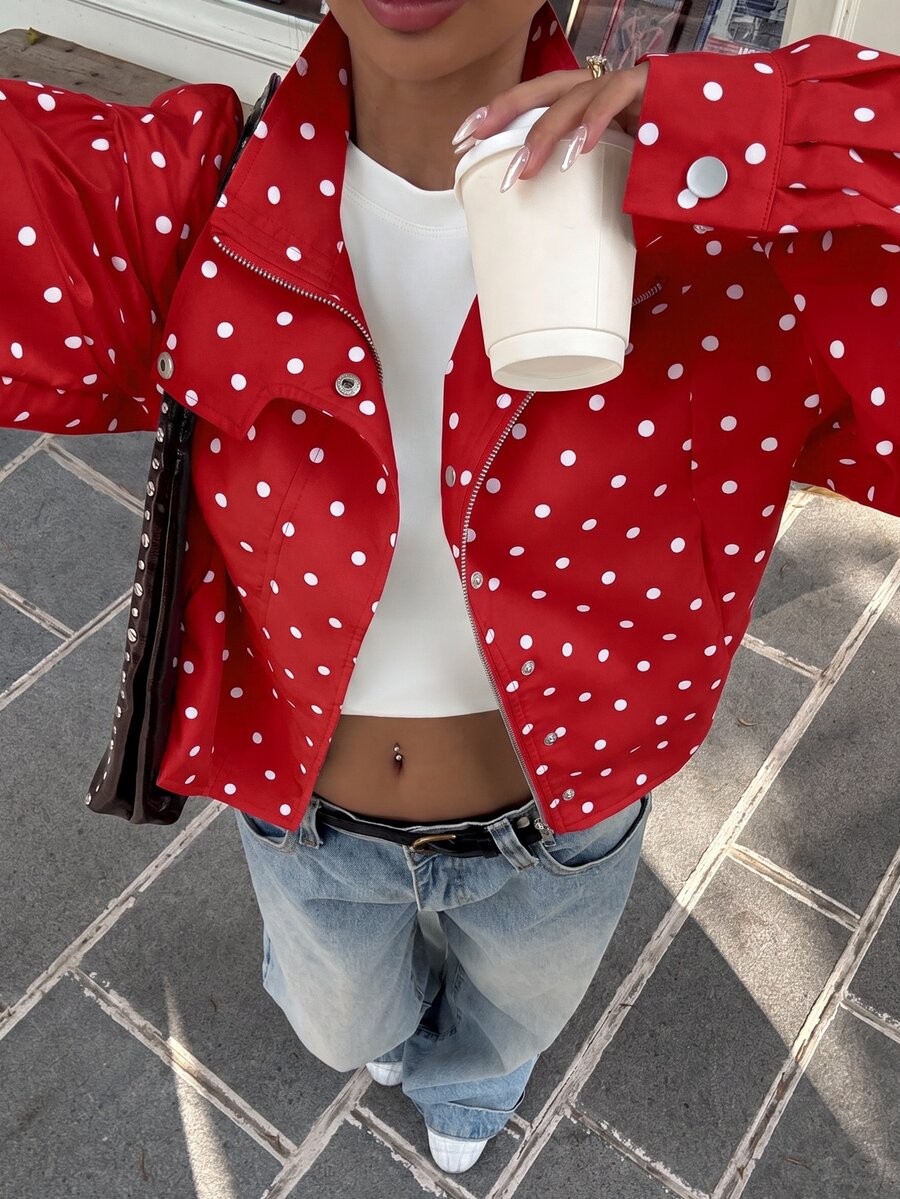 Muchica Spring/Summer Polka Dot Casual Versatile Commute Date Plus Size Jacket - Red - View 1