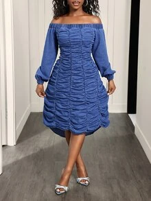 Slaydiva Slimming Elegant Casual Women's Denim Dress - Blue - View 1