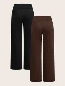 SHEIN EZwear 2件組女款休閒極簡高腰摺疊寬腿直筒長褲，適合夏季 - 彩色 - 查看 2