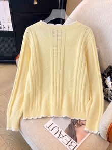 GlowEve CURVE Pale Yellow Wavy Lace Hollow Knit Cardigan . Cable Texture + Single-Breasted . Fresh & Gentle Style Plus Size Cardigan - Yellow - View 2