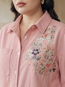 Anewsta Women's Plus Size New Fashion Exquisite Heavy Embroidery Pink Denim Top For Brunch Formal/Casual/Traditional Fall - Pink - View 2