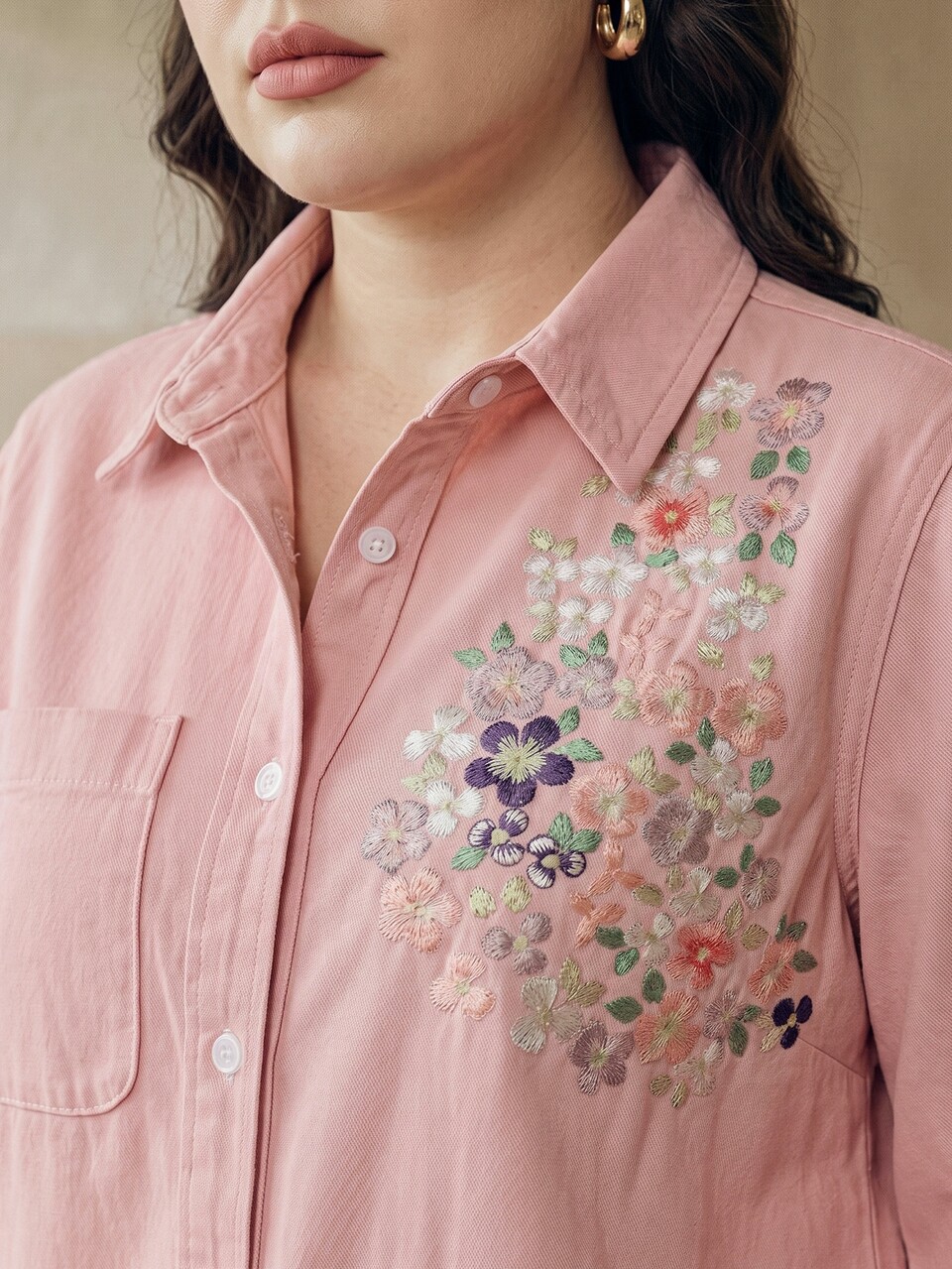Women's Plus Size New Fashion Exquisite Heavy Embroidery Pink Denim Top