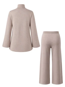 Momance Maternity Sweater Set Loose Fit Half-High Neck Bell Sleeve Split Hem Top & Adjustable Waist Pants Casual Everyday Solid Color Versatile Knitwear Set - Khaki - View 2