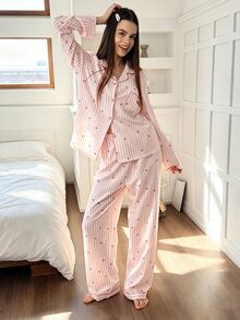 Napfluff 泡泡皺褶愛心印花女款開襟領睡衣套裝 - 淺粉色 - 查看 5