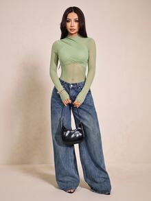 SHEIN PETITE 女款性感純色網紗包覆式連身衣，透視長袖 - 薄荷綠 - 查看 2