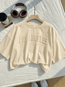 SHEIN EZwear 休閒簡約鮮豔杏色印花圖案圓領短袖短版女款T恤，適合夏季 - 杏色 - 查看 4
