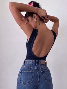 Firerie Women's Solid Color Backless Slim Fit Versatile Daily Wear Bodysuit - Navy Blue - View 2