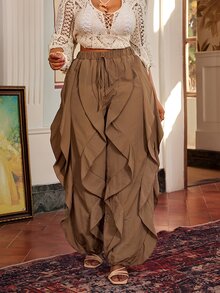 Maweii Plus Size Ruffle Tie Design Street Fashion Pants Fall - Brown - View 5