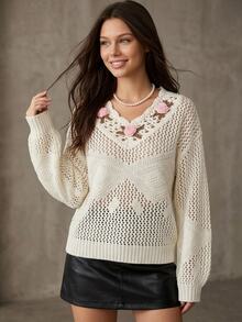 Livesso Women's Hollow Knit 3D Floral Decor Sweater Autumn Brunch Floral Off-White Fairycore Cottagecore Romantic Cottagecore Whimsical - Beige - View 6
