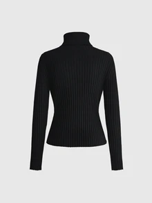 ROMWE Goth Black Daily Heart Hollow High Neck Ribbed Slim Fit Women's Sweater - Black - View 2