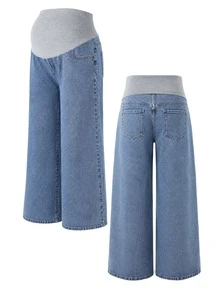 SHEIN Maternity Casual Washed Wide Leg Denim Jeans - Medium Wash - View 6
