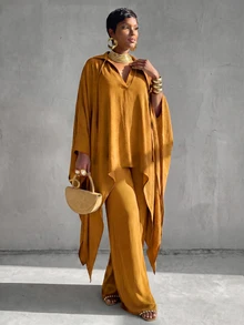 BamGlimmer Women's Solid Color Batwing Sleeve Asymmetric Hem Shirt And Pants Casual 2 Pieces Set - Yellow - View 7