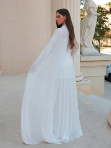 Aureia Elegant Luxurious White Sequin Embroidered Patchwork Chiffon Stand Collar Trumpet Sleeve 2 In 1 Mermaid Dress With Train Wedding Dress - White - View 2