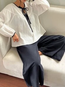 DAZY Autumn Elegant Contrast Color Tie Drawstring Petal Sleeve Women's Pajama Set - White - View 8