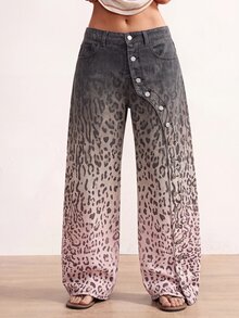 Bohemela Women's Designer Leopard Print Button Pocket Denim Jeans - Multicolor - View 2