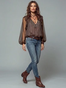 LUMIGAL Women's French Vintage 70s Vacation Style Floral Print Long Sleeve Top With Ruffle Trim, Light Brown, Suitable For Summer & Early Fall Getaways - Brown - View 6