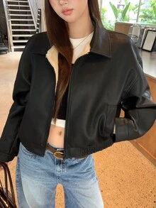 DAZY 春季新款磨損皮革短版外套 情人節女款休閒夾克 秋季外衣 - 黑色 - 查看 6
