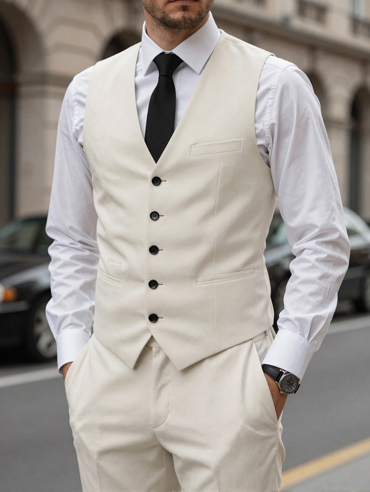 Manfinity Mode Conjunto de 2 piezas de traje formal de negocios para hombre con chaleco abotonado, blazer y pantalones a medida para ceremonia - Albaricoque - Añade 3