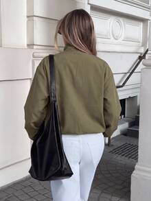 Solavibe Plus Size Olive Snap Button Bomber Jacket For Commute Street Style,Winter Clothing,Batwing Sleeve,Daily Commute,Urban Street Style,Fall/Winter - Green - View 3