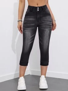 SHEIN Essnce 7英吋女款牛仔緊身牛仔褲 - 黑色 - 查看 1