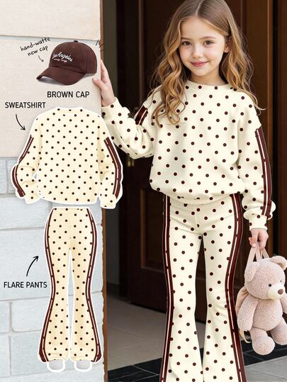 Tween Girls Vintage Sweet Maillard Brown + Cream White, Sporty Color Block Striped, Round Neck Drop Shoulder Sweatshirt & Fitted Wide Leg Pants 2 Pieces Set, Street Retro Style, Casual Comfortable, Children's Autumn Layering, Y2K Style, Winter Clothing, Sportswear