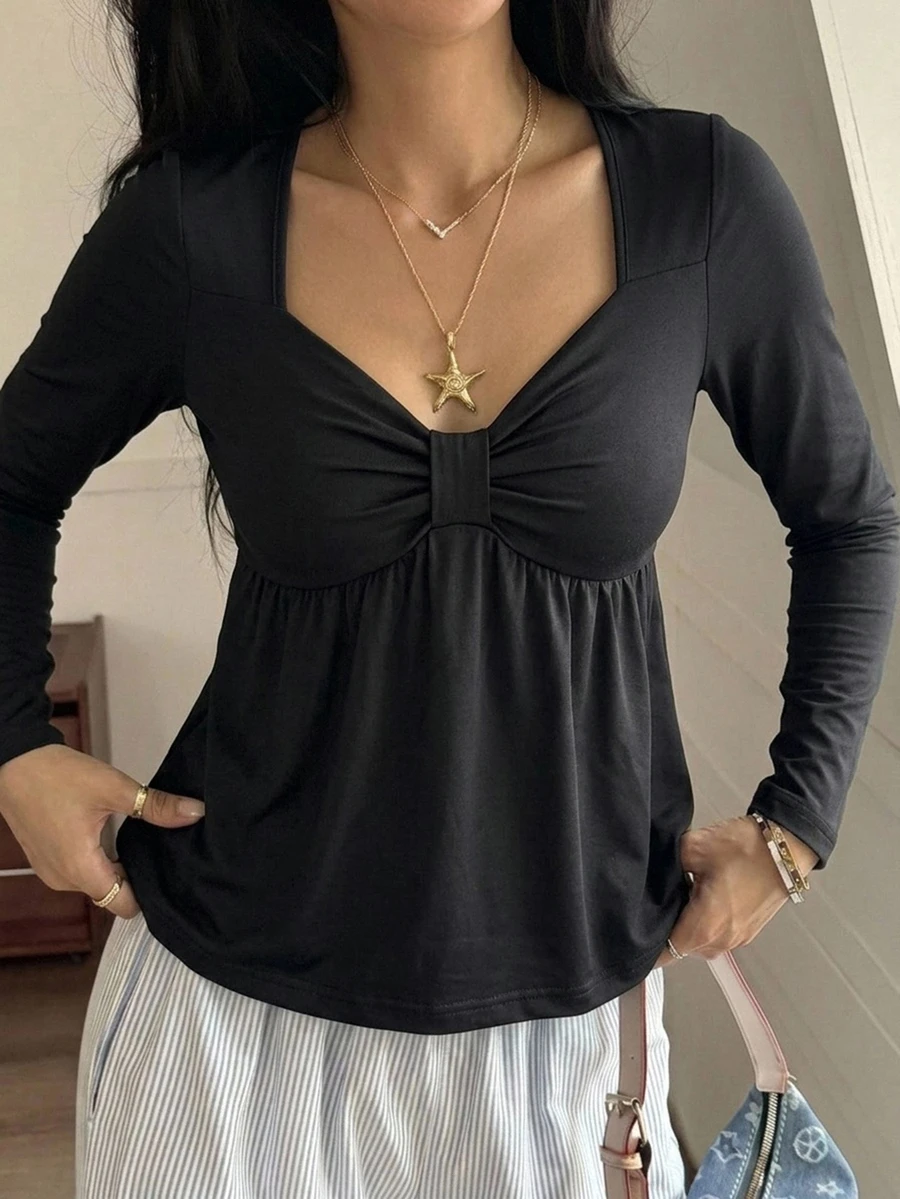 DAZY 女款秋季休閒百搭純色長袖T恤 - 黑色 - 查看 1