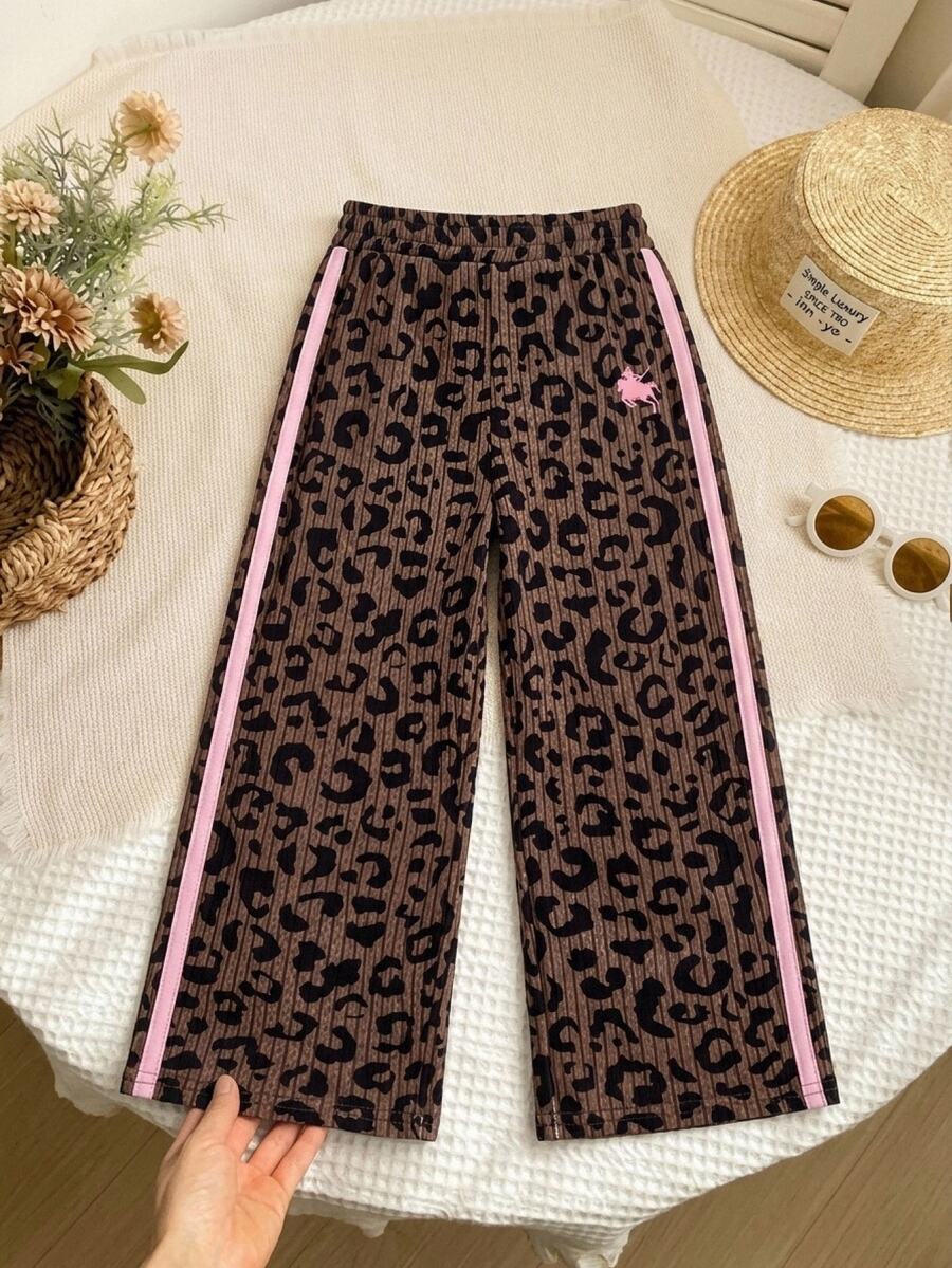 SHEIN 少女豹紋粉色蝴蝶結寬鬆休閒運動長褲,日常百搭舒適柔軟 - 棕色 - 查看 1