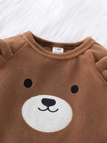 Set Pakaian Rumah Bayi Baru Lahir Nyaman, Lembut, Mewah, Warna Cokelat Kopi, Motif Beruang Teddy, Bordir Patch, Telinga 3D, Kancing Jepret, Leher Bulat, Lengan Panjang, Romper dengan Penutup Kaki dan Topi - Coffee Brown - View 5