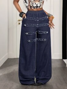 Slaydiva Celana Jeans Denim Wanita Kasual Serbaguna untuk Pemakaian Harian dengan Ujung Rumbai - Dark Wash - View 5