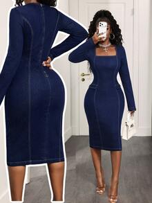 BamGleam Women's Square Neck Long Sleeve Slim Fit Elegant Denim Dress - Dark Wash - View 8