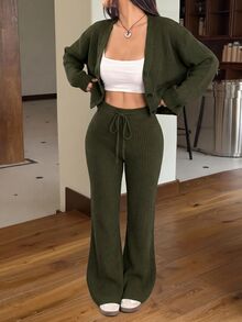 SHEIN EZwear 2件組女款休閒純色寬肩帶開襟衫與抽繩腰喇叭褲套裝，秋冬款 - 軍綠色 - 查看 7