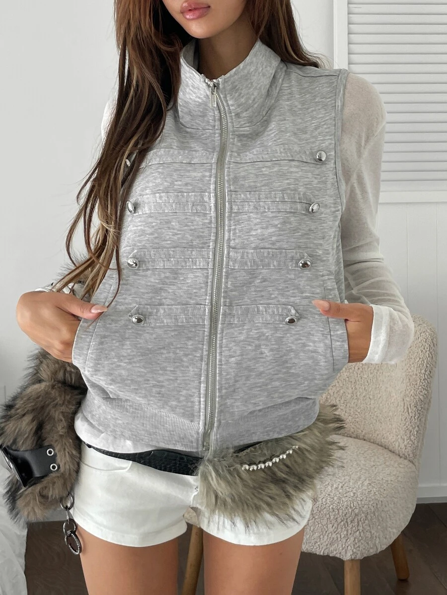 K-Vae Women's Street Style Napoleon Zipper Vest Jacket With Pockets - Grey - View 1
