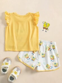 SpongeBob SquarePants | SHEIN Young Girl Cartoon Print T-Shirt And Shorts Set - Yellow - View 2