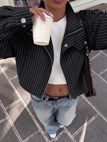 Muchica Women's Striped Long Sleeve Zip-Up Casual Jacket - Black - View 1