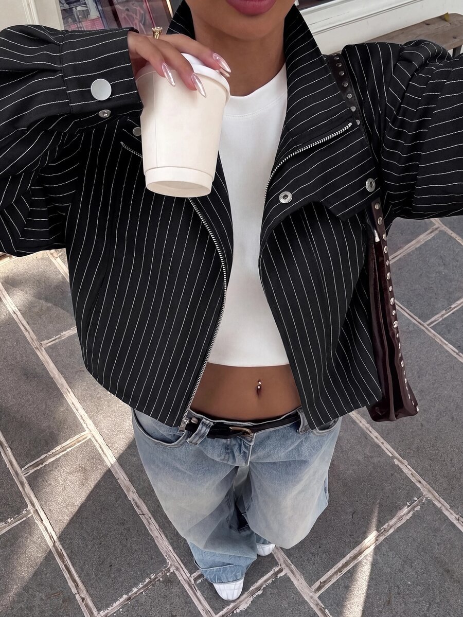 Muchica Women's Striped Long Sleeve Zip-Up Casual Jacket - Black - View 1