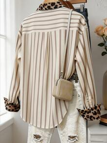 Franclia Women's Plus Size Leopard Print Patchwork Striped Shirt - Multicolor - View 2