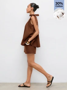 Maija Loose Asymmetric Neck Tie Strap Tank Top With Contrast Stitching, Linen Blend, Casual Comfortable Beach Brunch Vacation Minimalist Coffee Brown Summer - Brown - View 3
