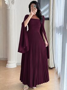 Modelyn 女款素色方領百褶長袖優雅洋裝 - 中紫紅色 - 查看 4