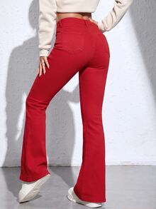 SHEIN ICON 女款高腰口袋休閒百搭喇叭褲牛仔褲 - 紅色 - 查看 2