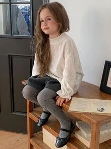 DAZY Pullover Longgar Warna Krem dengan Pola Tekstur Lengan Panjang, Kemeja Rajut Jacquard Musim Gugur untuk Anak Perempuan Muda - Krem - View 3