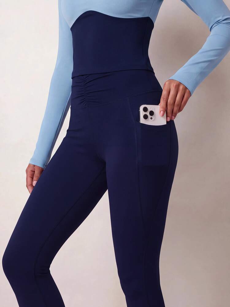 Zivah Women's 2pcs Long Sleeve Colorblock Ruched Pant Sportswear Set Yoga Gym Workout Activewear Outfit For Pilates Autumn Winter - Multicolor - View 9
