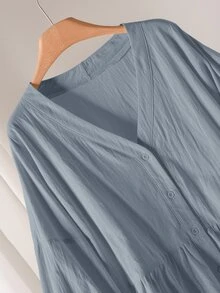 CosyJoli Plus Size Versatile Single-Breasted Pleated Long Sleeve Shirt - Dusty Blue - View 2