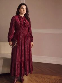 MOTF PREMIUM PLUS AUTUMN/WINTER ROMANTIC VELVET JACQUARD LONG SLEEVE DRESS - Burgundy - View 3